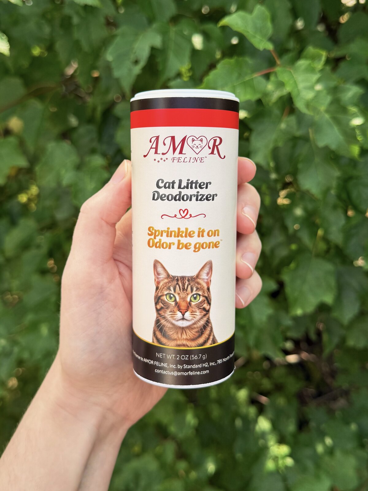 AMOR FELINE cat litter deodorizer held against a leafy green background